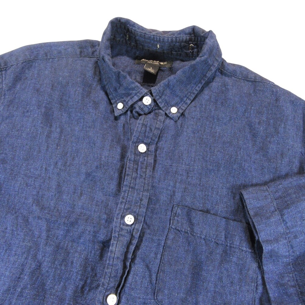 Banana Republic Mens Button Down Shirt L Dark Blue Linen Pocket Short Sleeve